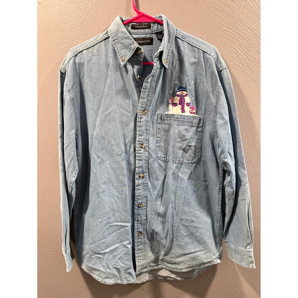 UltraClub Women Small Blue Denim Snowman Embroidered Button Down Shirt Holiday